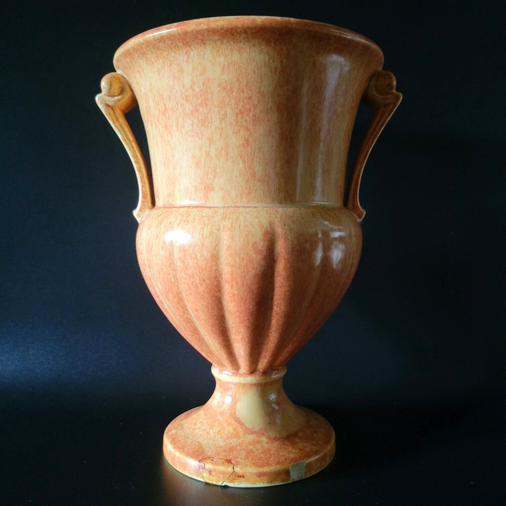 Vtg Ceramic Orange & Yellow Glazed Urn Vase w/Decorative Handles 8.25" (2 of 2)
